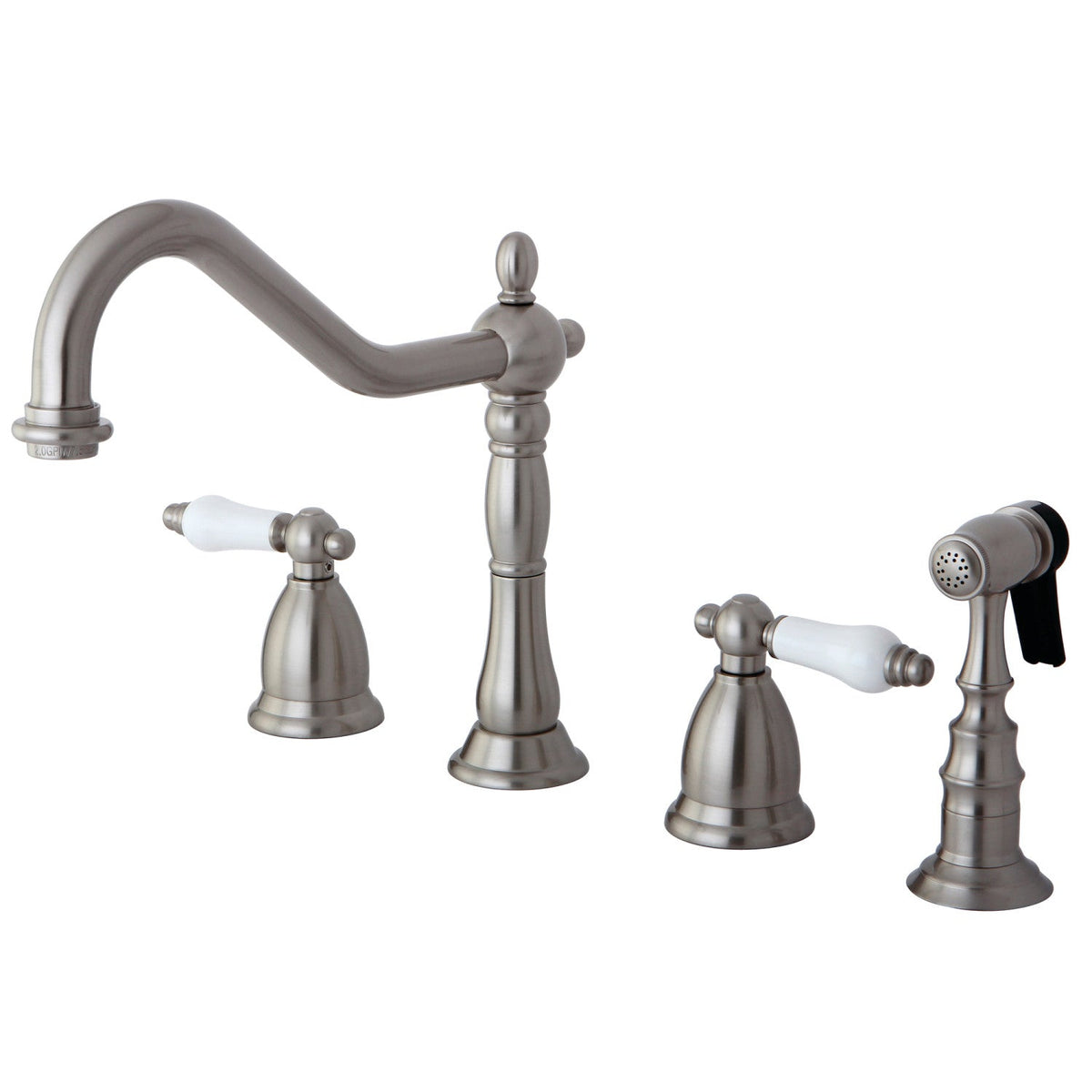 Heritage Double-Handle Widespread Kitchen Faucet with Brass Sprayer in Brushed Nickel
