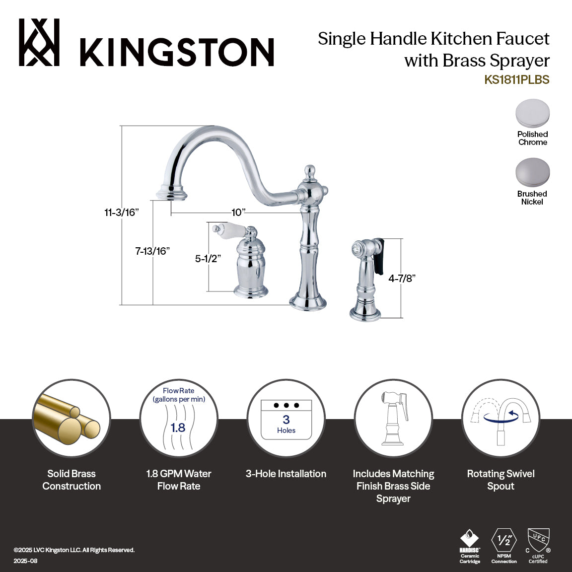 Heritage Single-Handle Widespread Kitchen Faucet with Brass Sprayer in Brushed Nickel