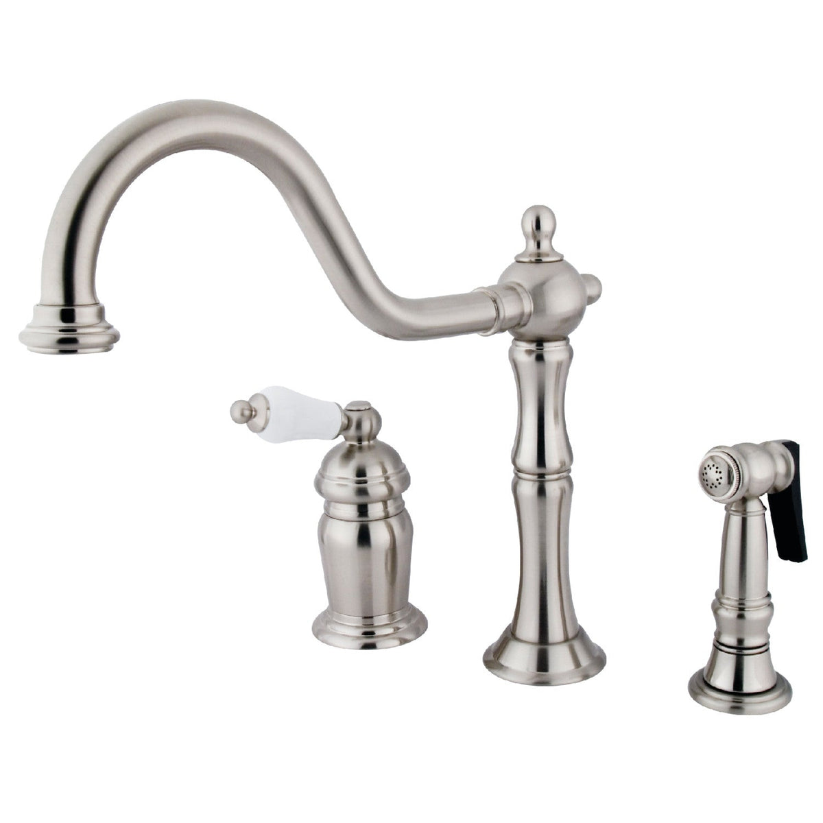Heritage Single-Handle Widespread Kitchen Faucet with Brass Sprayer in Brushed Nickel