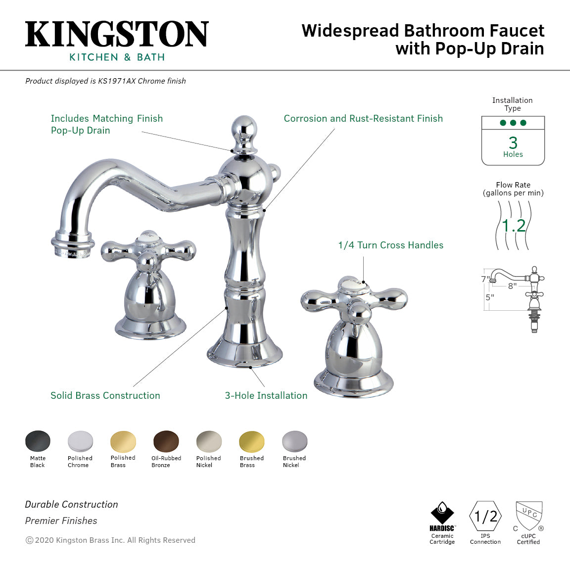Heritage Widespread Bathroom Faucet with Brass Pop-Up in Matte Black