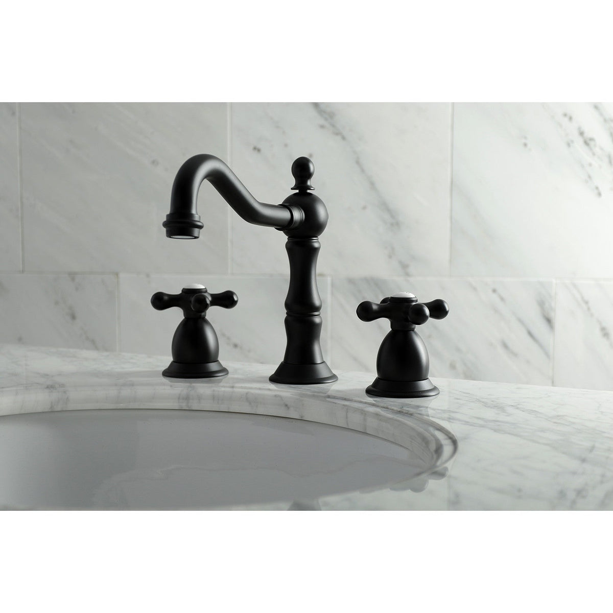 Heritage Widespread Bathroom Faucet with Brass Pop-Up in Matte Black