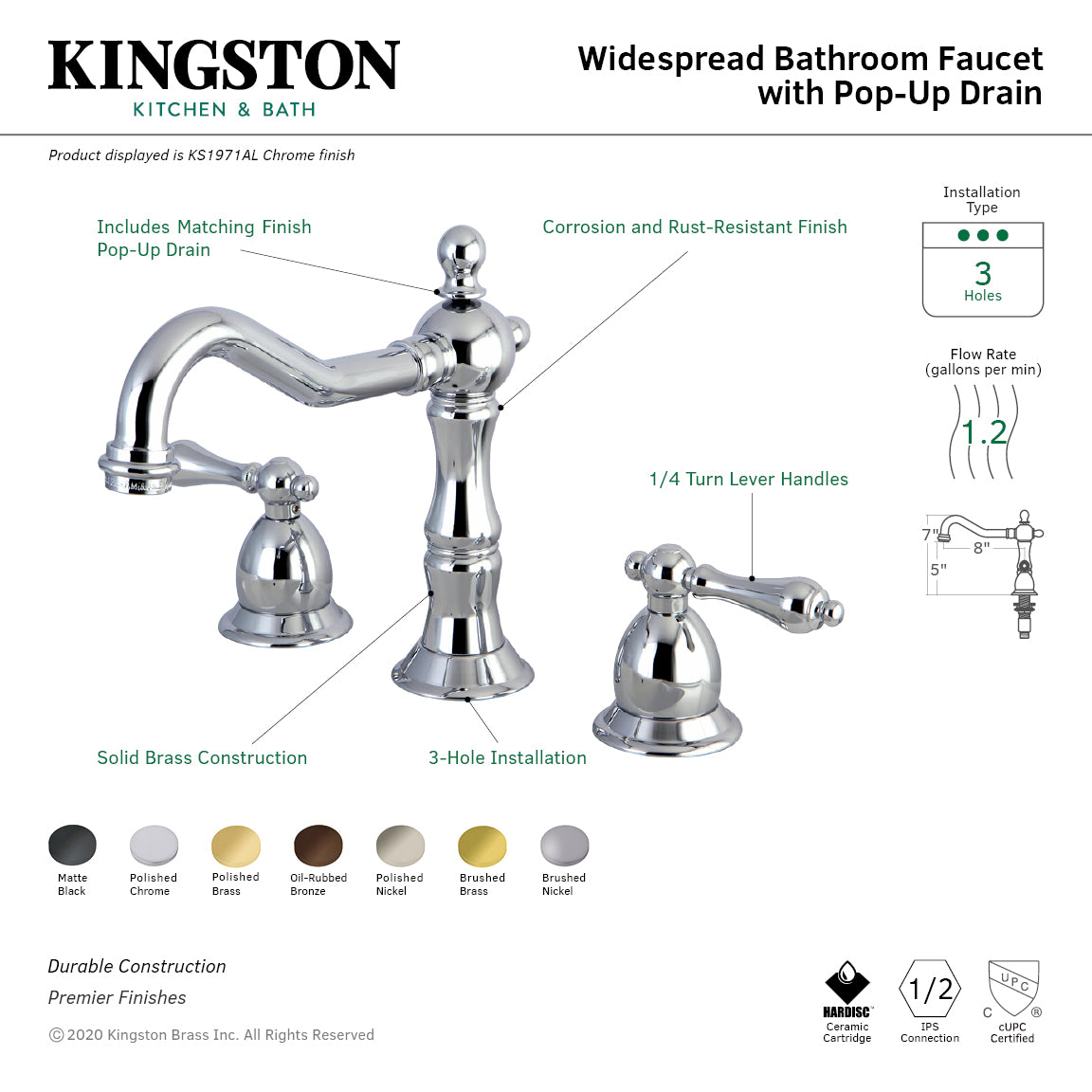 Heritage Widespread Bathroom Faucet with Brass Pop-Up in Polished Brass