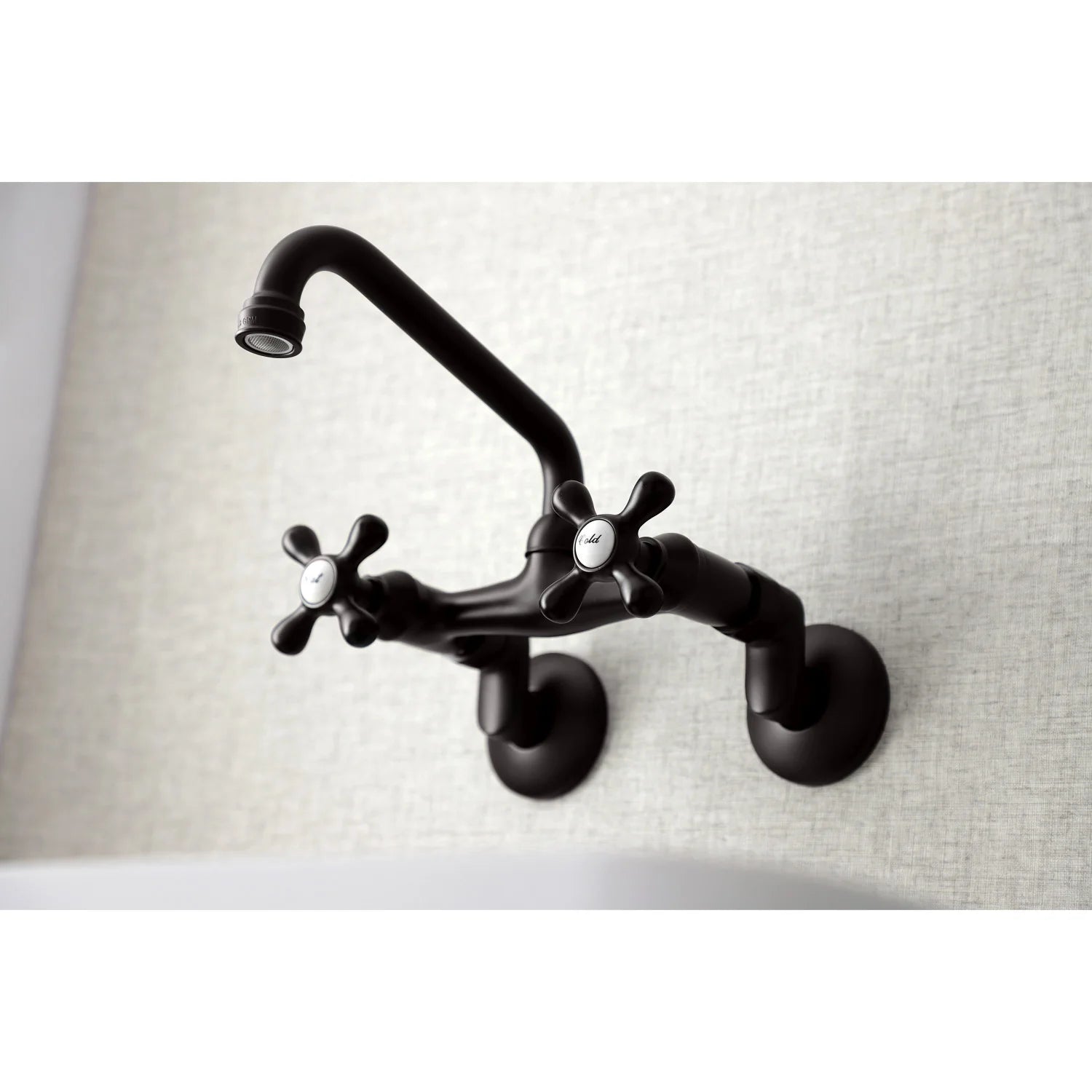 Oil-rubbed bronze wall-mount bridge faucet with gooseneck spout and dual cross handles