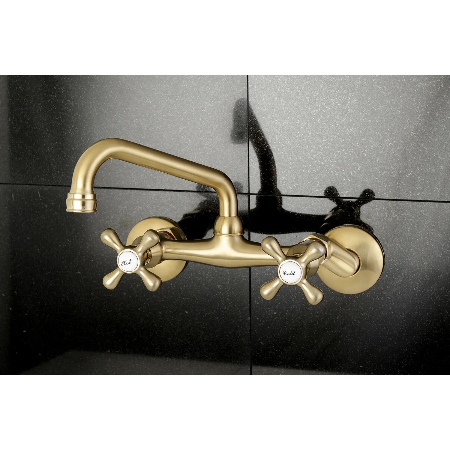 Brushed brass wall-mount bridge kitchen faucet with two cross handles