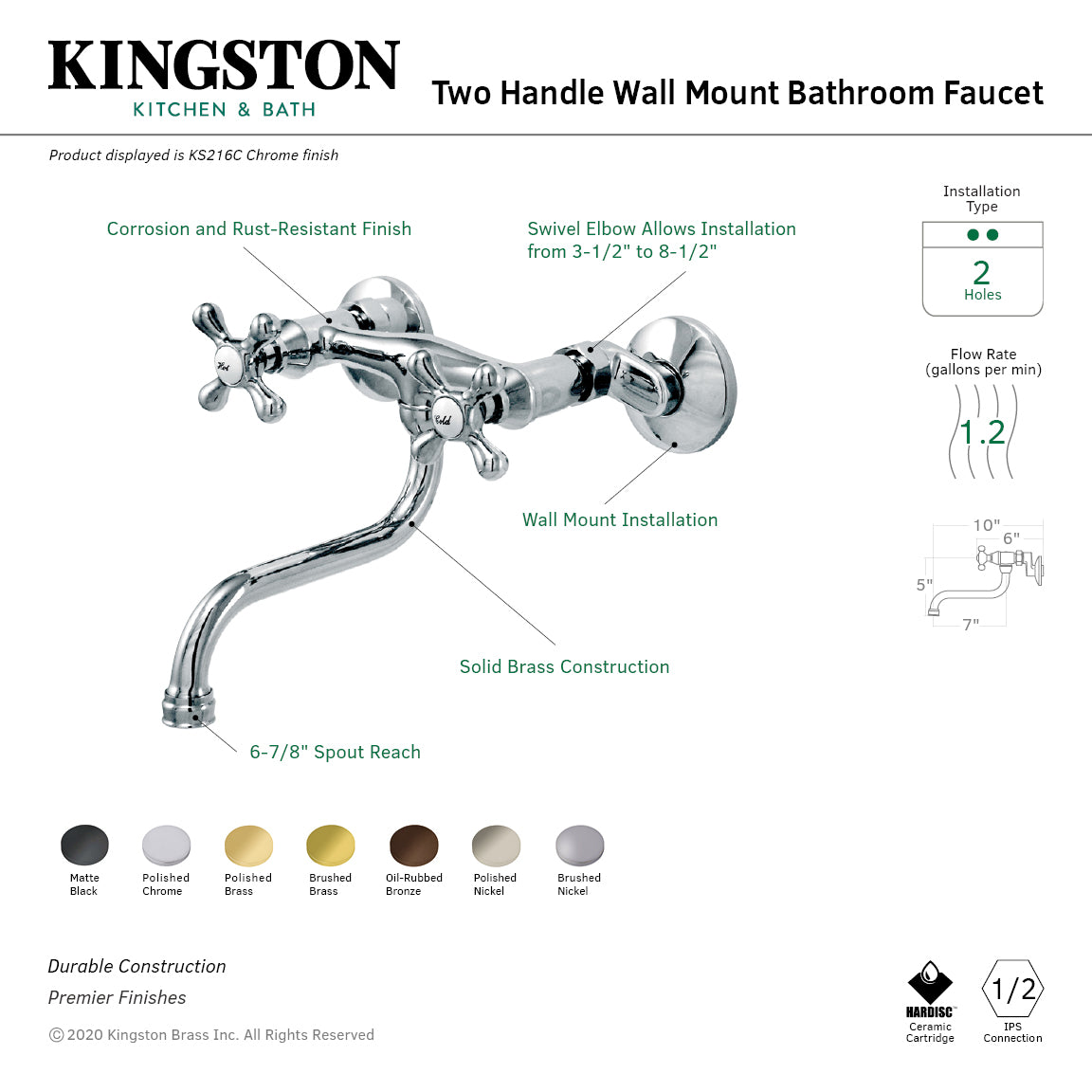 Kingston Adjustable Center Wall Mount Bathroom Faucet in Polished Chrome
