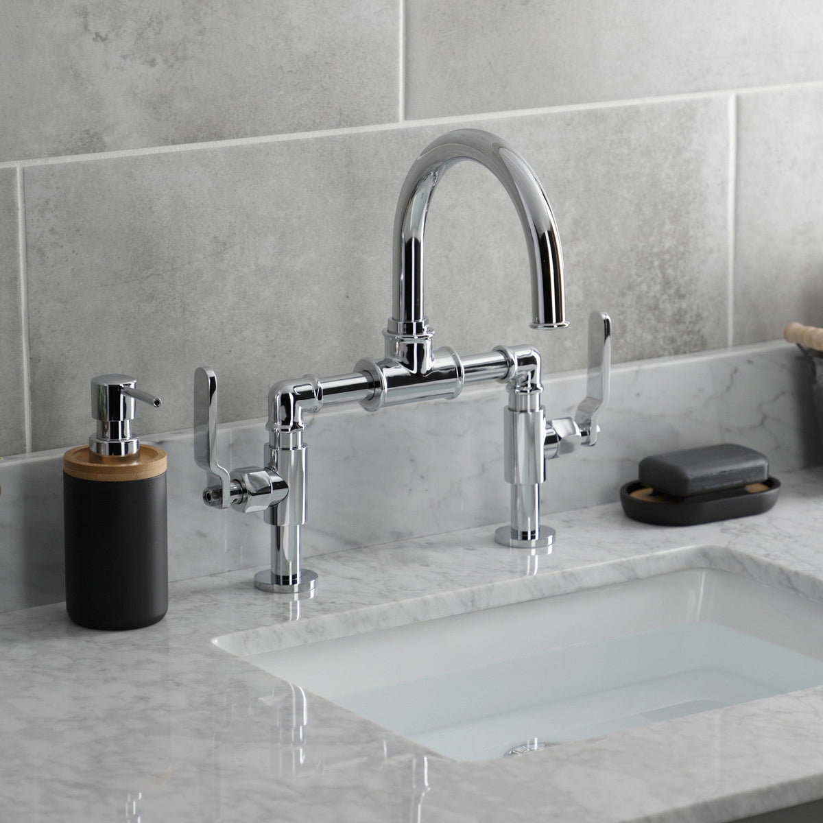 Whitaker Industrial Style Bridge Bathroom Faucet with Pop-Up Drain in Polished Chrome