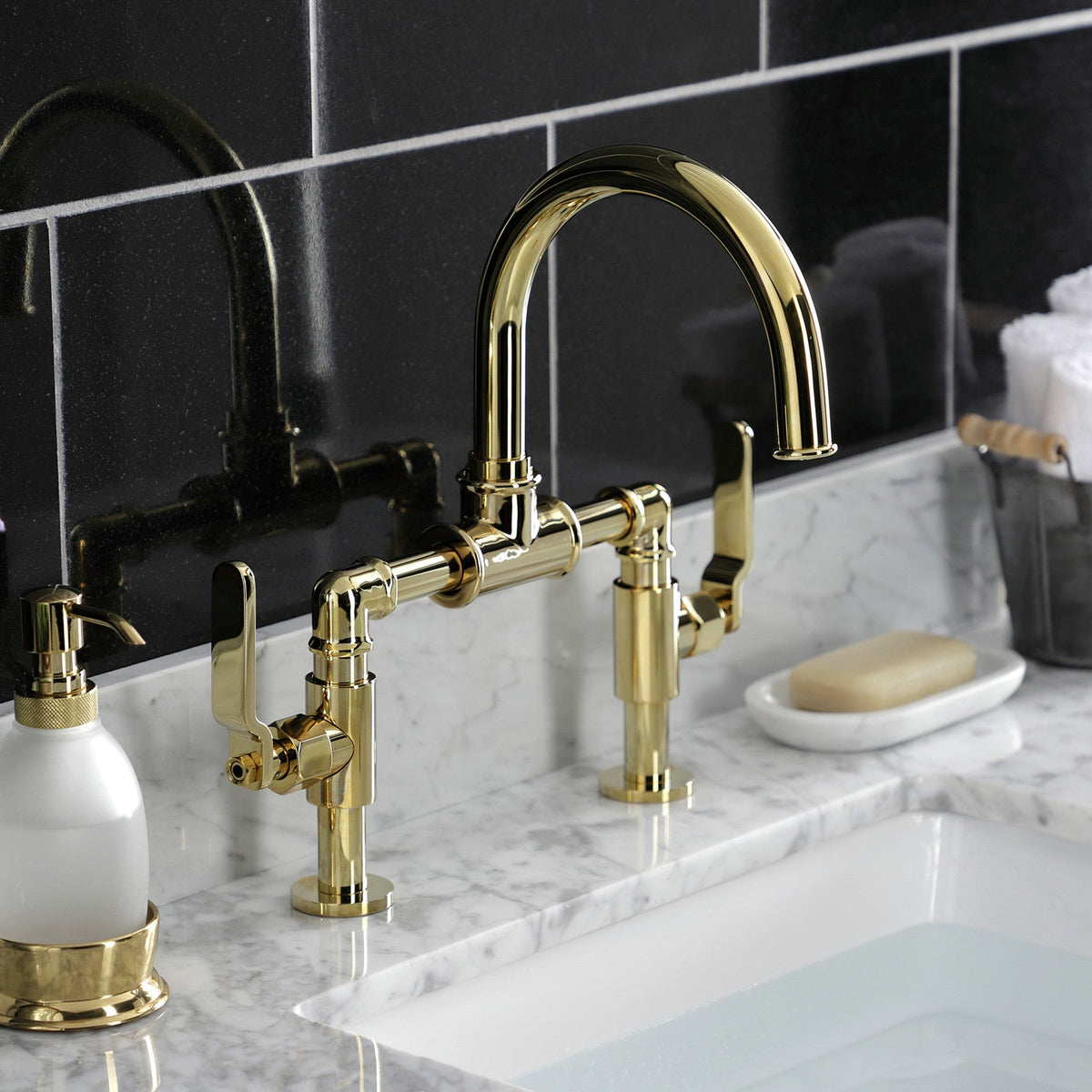 Whitaker Industrial Style Bridge Bathroom Faucet with Pop-Up Drain in Polished Brass