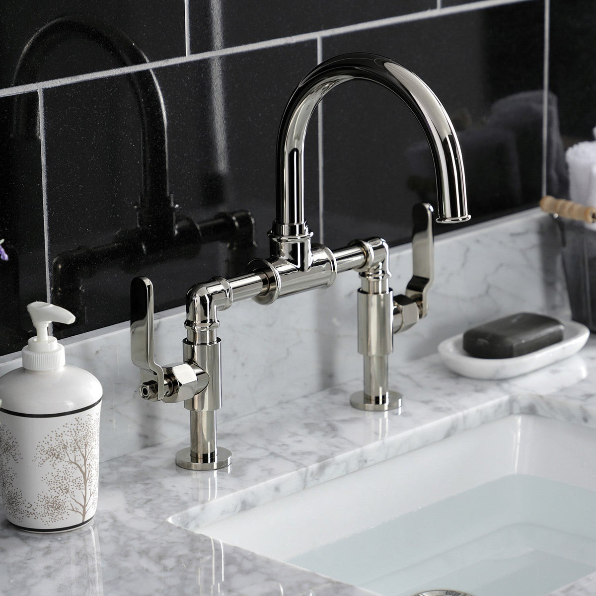 Whitaker Industrial Style Bridge Bathroom Faucet with Pop-Up Drain in Polished Nickel
