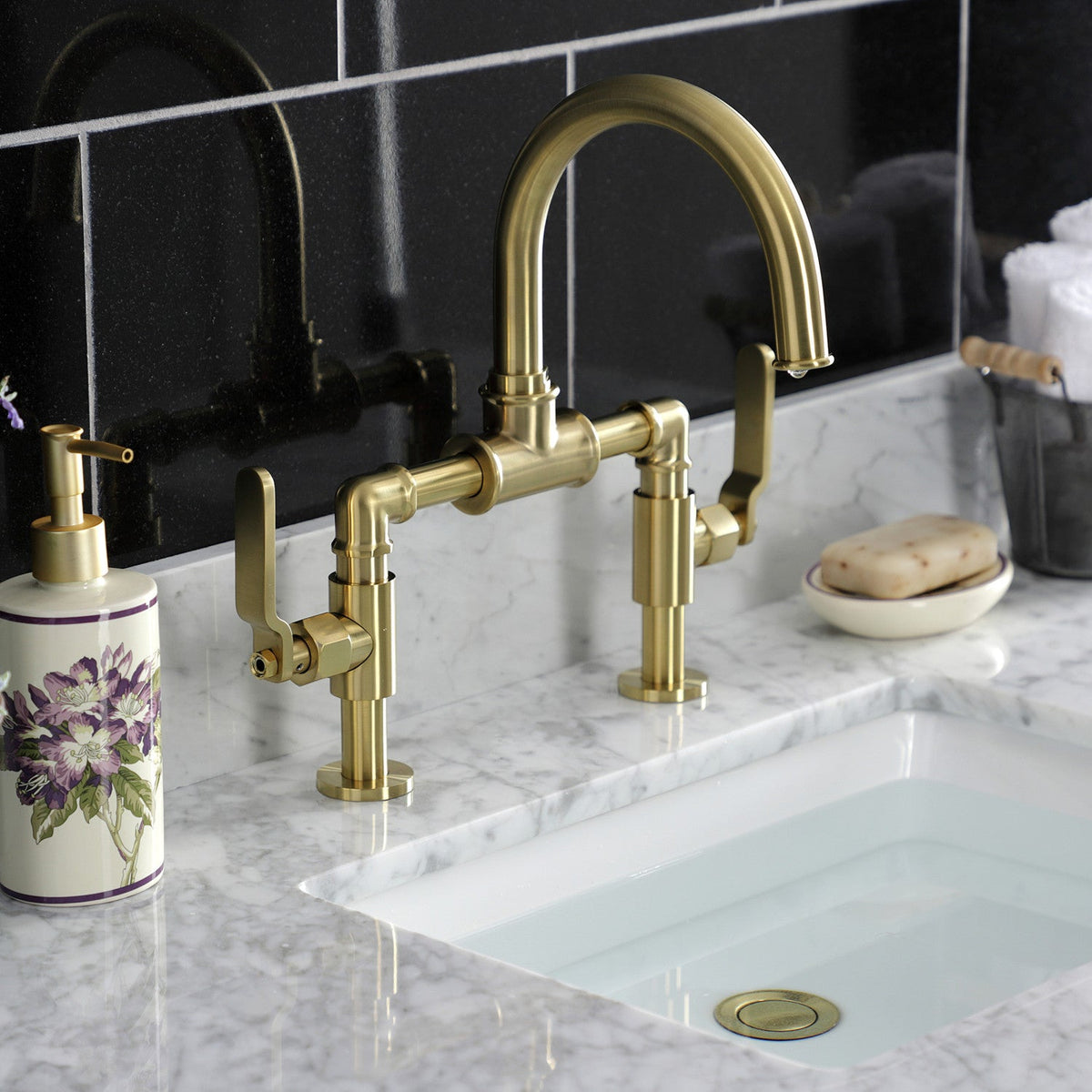 Whitaker Industrial Style Bridge Bathroom Faucet with Pop-Up Drain in Brushed Brass