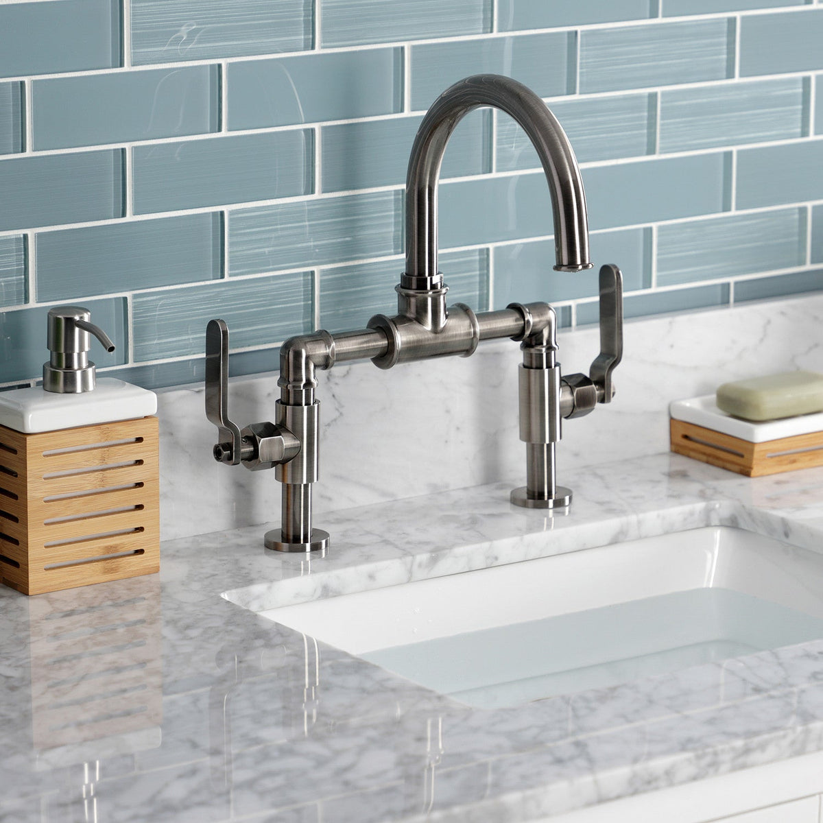Whitaker Industrial Style Bridge Bathroom Faucet with Pop-Up Drain in Black Stainless