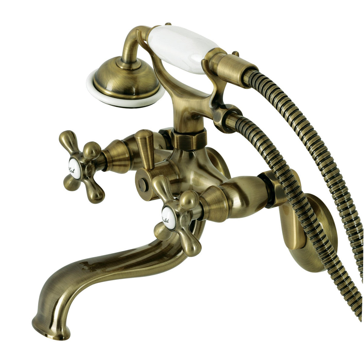 Kingston Wall Mount Tub Faucet with Hand Shower in Antique Brass