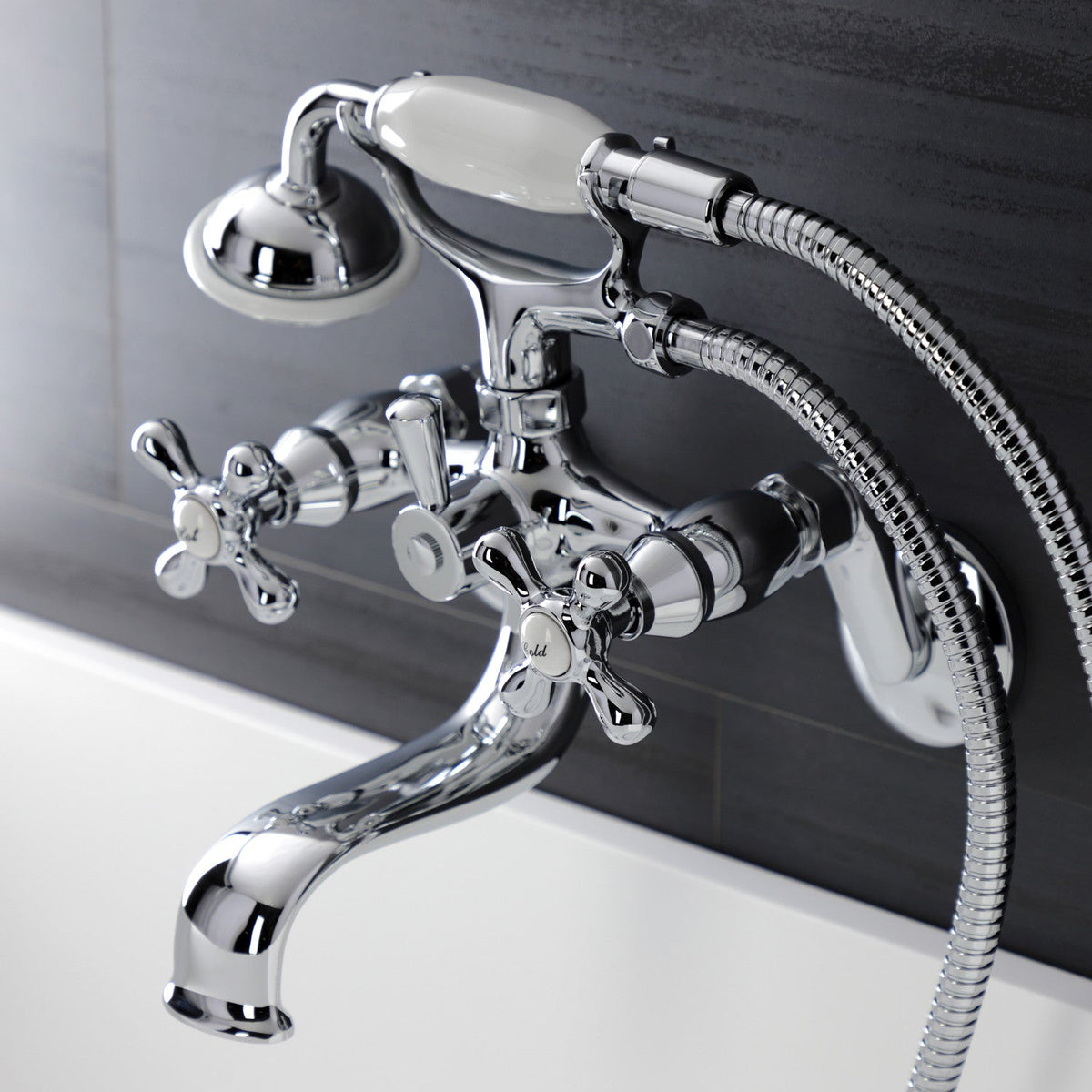 Kingston Wall Mount Tub Faucet with Hand Shower in Polished Chrome