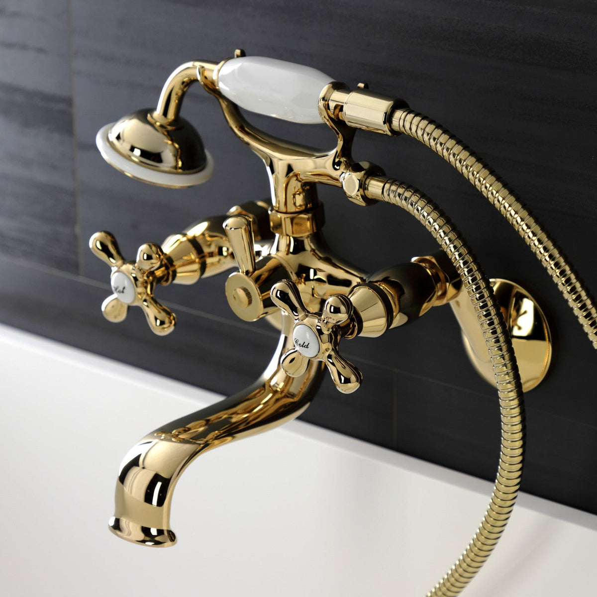 Kingston Wall Mount Tub Faucet with Hand Shower in Polished Brass