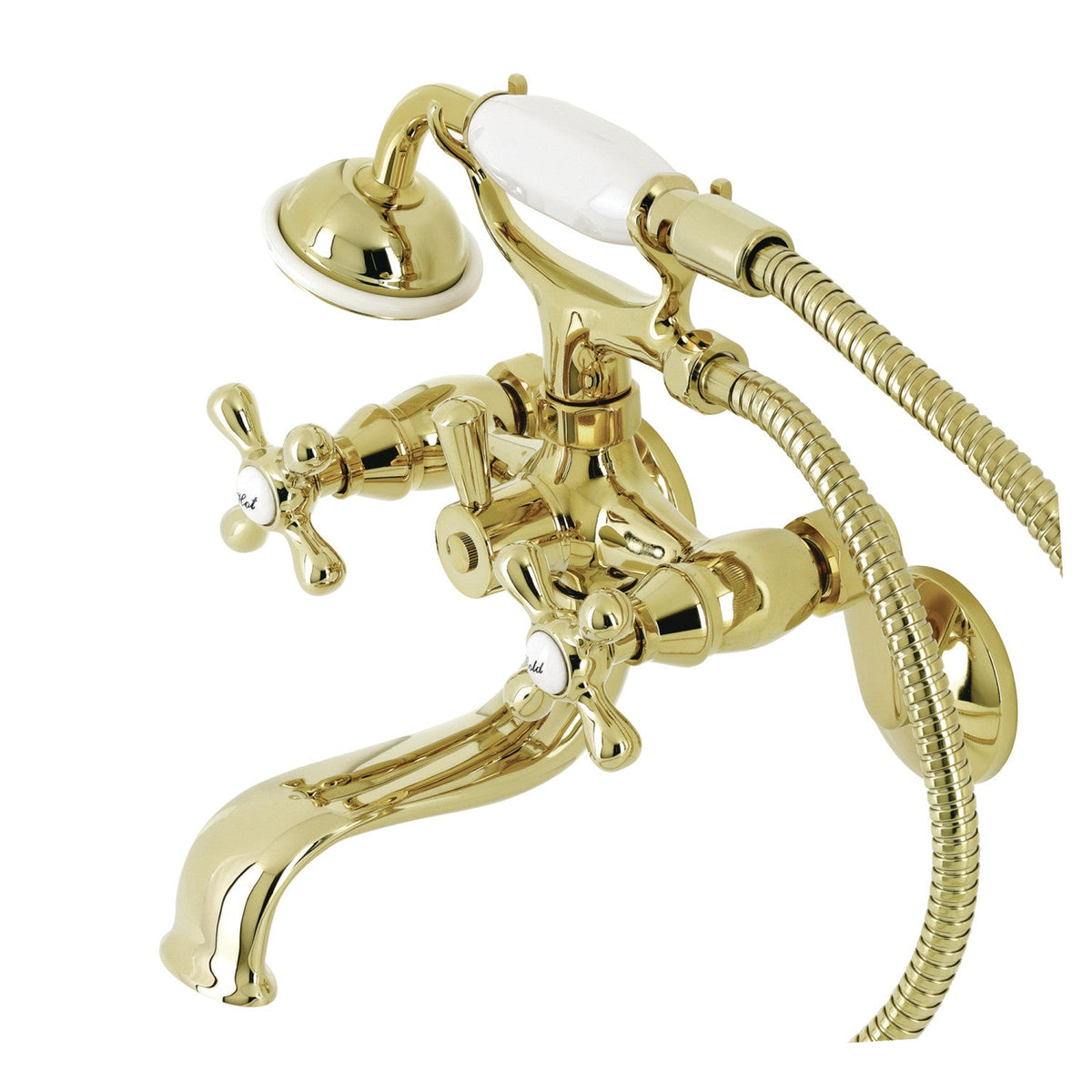 Kingston Wall Mount Tub Faucet with Hand Shower in Polished Brass