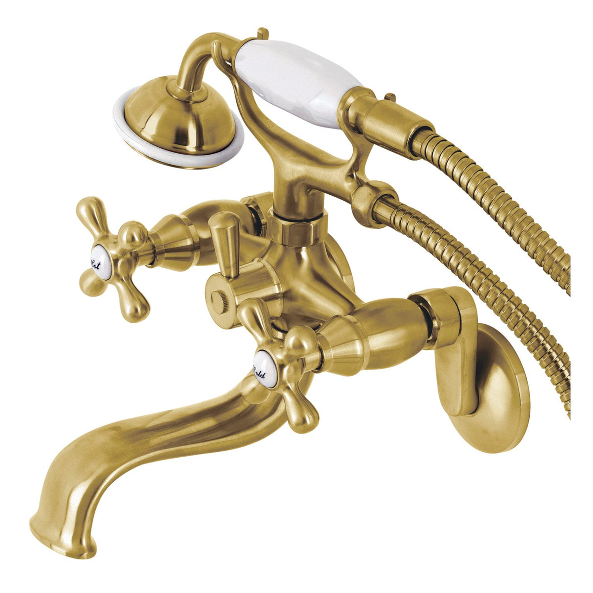 Kingston Wall Mount Tub Faucet with Hand Shower in Brushed Brass