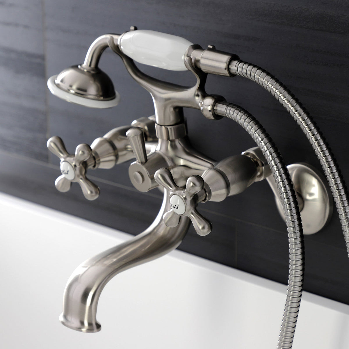 Kingston Wall Mount Tub Faucet with Hand Shower in Brushed Nickel