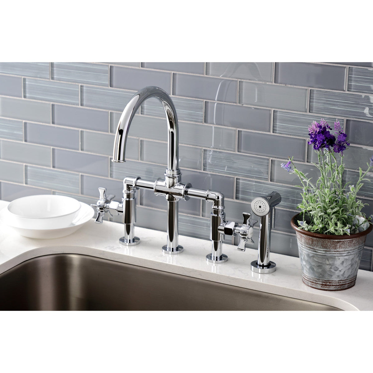 Hamilton Industrial Style Bridge Kitchen Faucet with Brass Side Sprayer in Polished Chrome