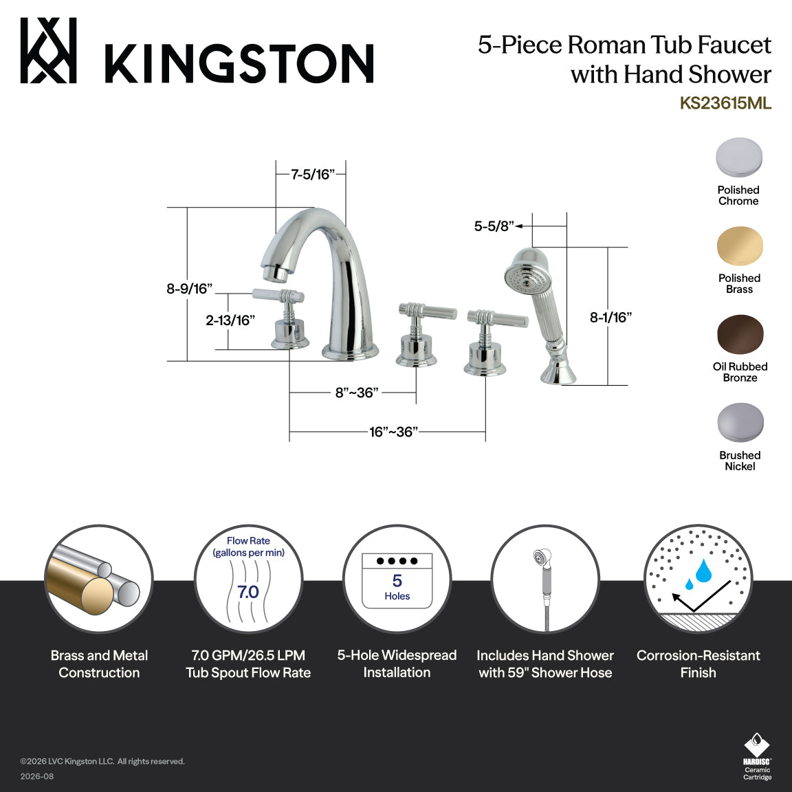Manhattan 5-Piece Roman Tub Faucet with Hand Shower in Polished Chrome