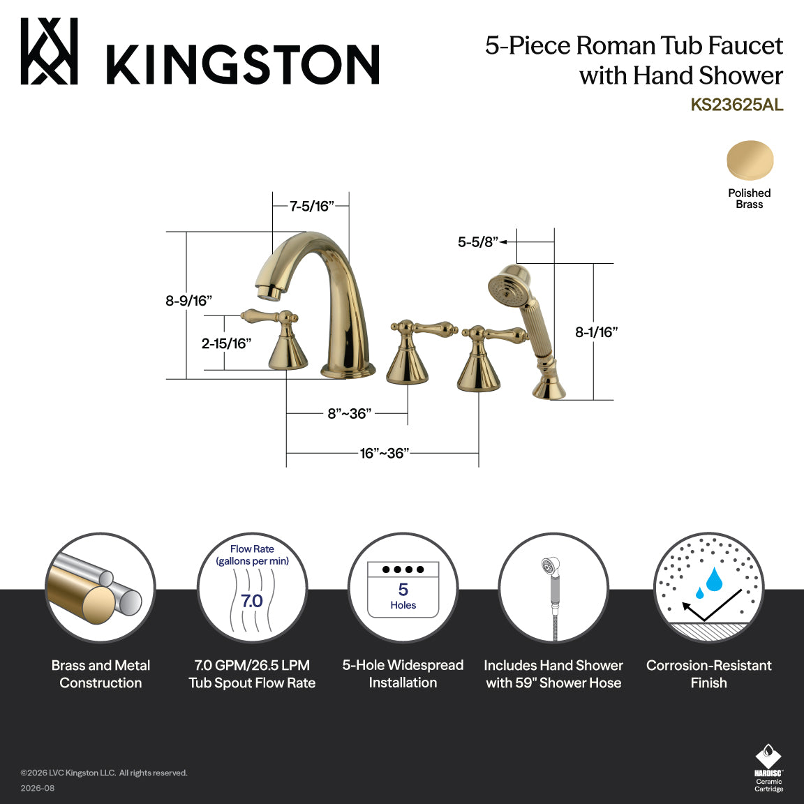 Roman 5-Piece Roman Tub Faucet with Hand Shower in Polished Brass