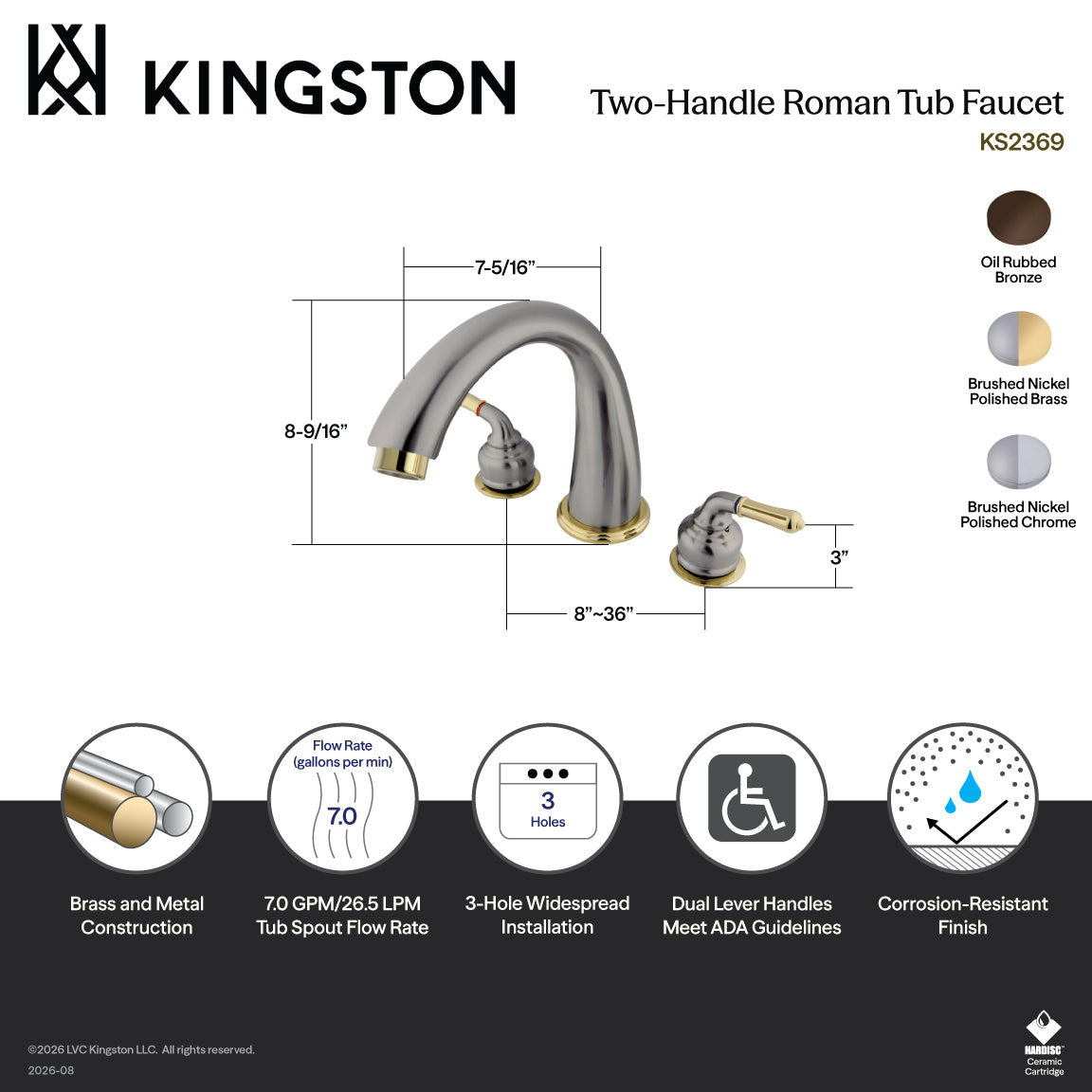 Milano Two-Handle Deck Mount Roman Tub Faucet in Brushed Nickel/Polished Chrome