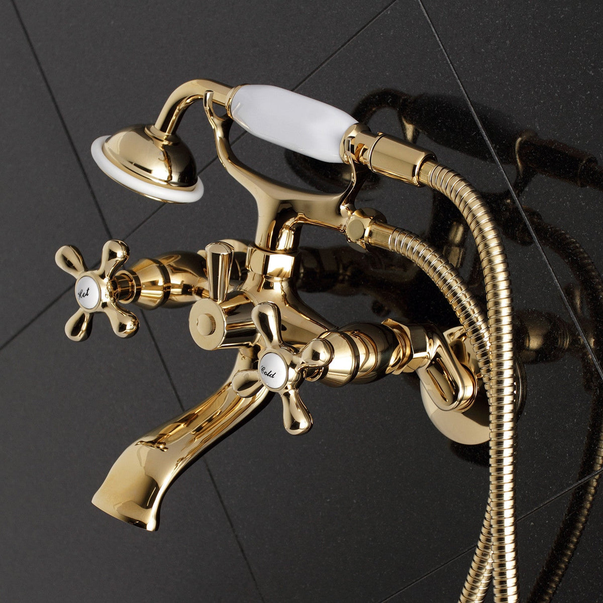 Kingston Tub Wall Mount Clawfoot Tub Faucet with Hand Shower in Polished Brass