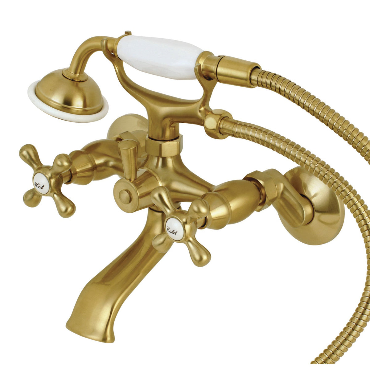 Kingston Tub Wall Mount Clawfoot Tub Faucet with Hand Shower in Brushed Brass