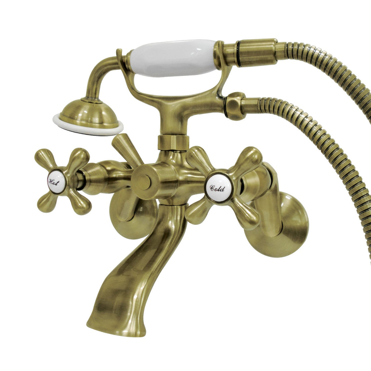 Kingston Wall Mount Clawfoot Tub Faucet with Hand Shower in Antique Brass
