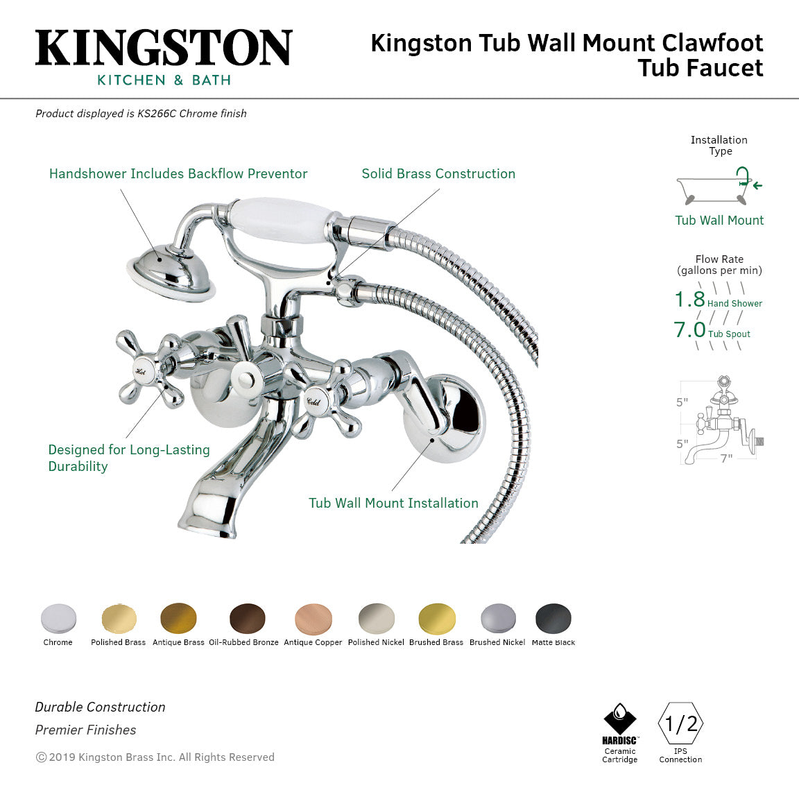 Kingston Wall Mount Clawfoot Tub Faucet with Hand Shower in Polished Chrome