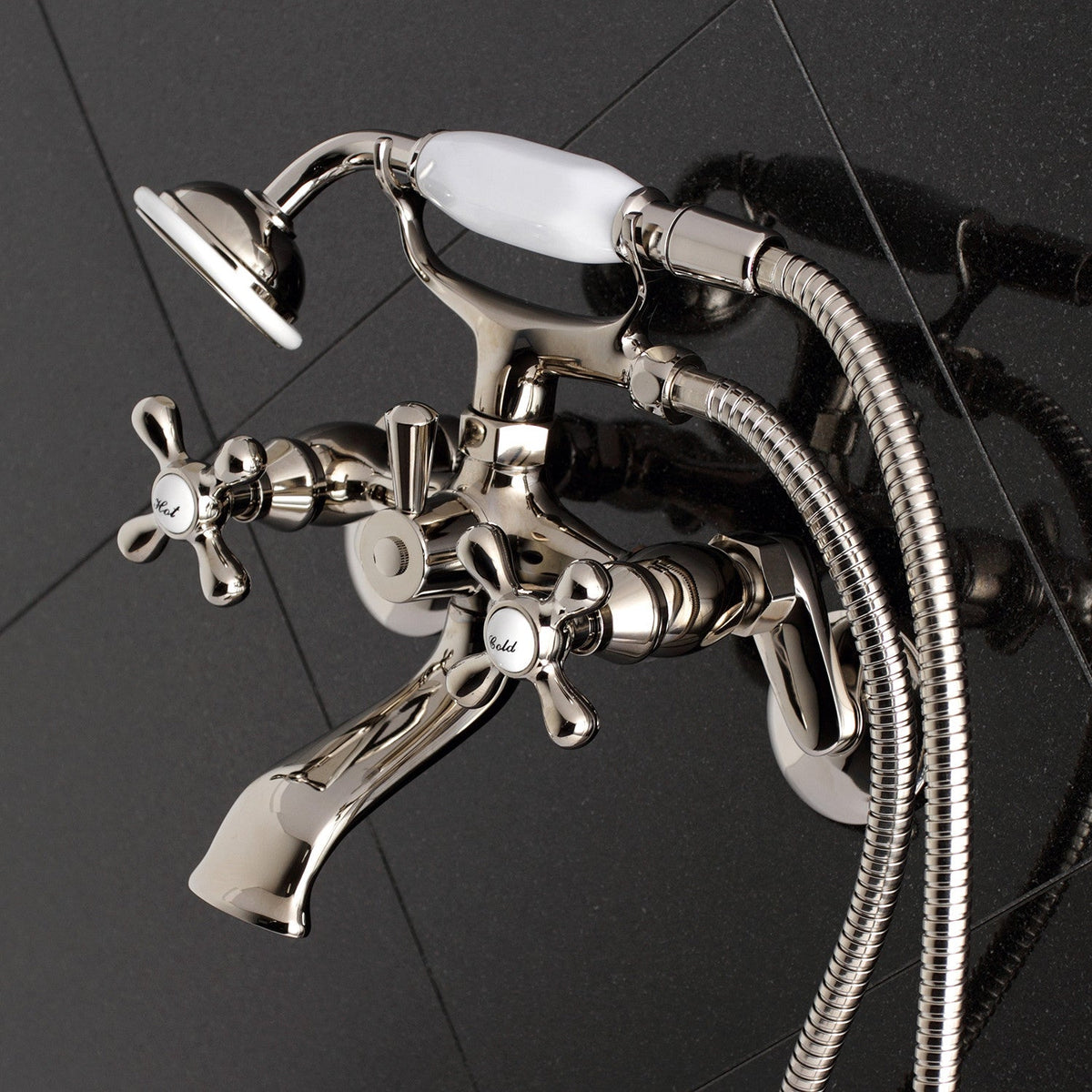 Kingston Wall Mount Clawfoot Tub Faucet with Hand Shower in Polished Nickel