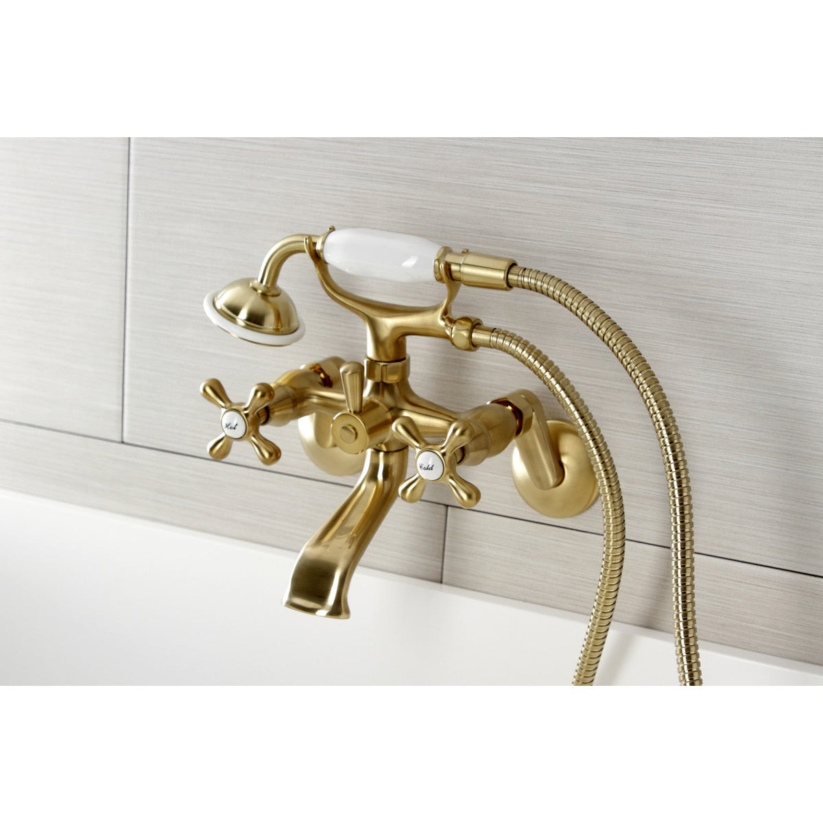 Kingston Wall Mount Clawfoot Tub Faucet with Hand Shower in Brushed Brass