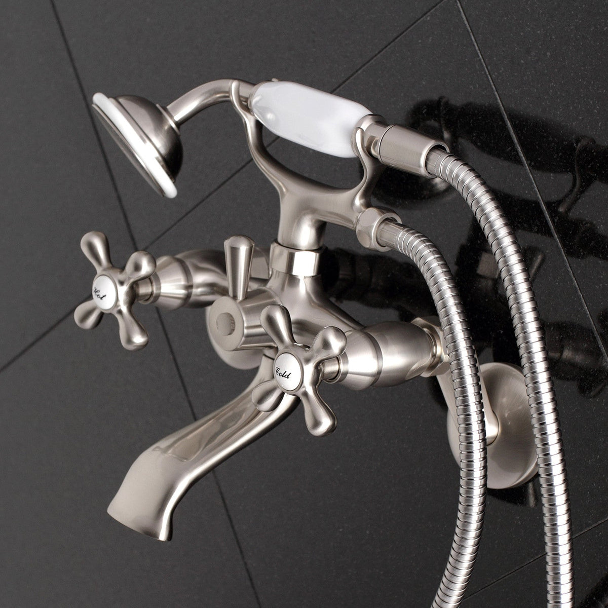 Kingston Wall Mount Clawfoot Tub Faucet with Hand Shower in Brushed Nickel