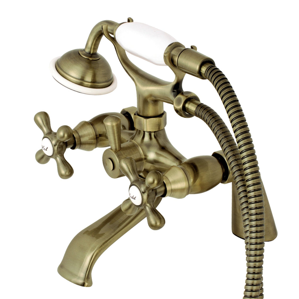 Kingston 6" Center Deck-Mount Clawfoot Tub Faucet with Hand Shower in Antique Brass