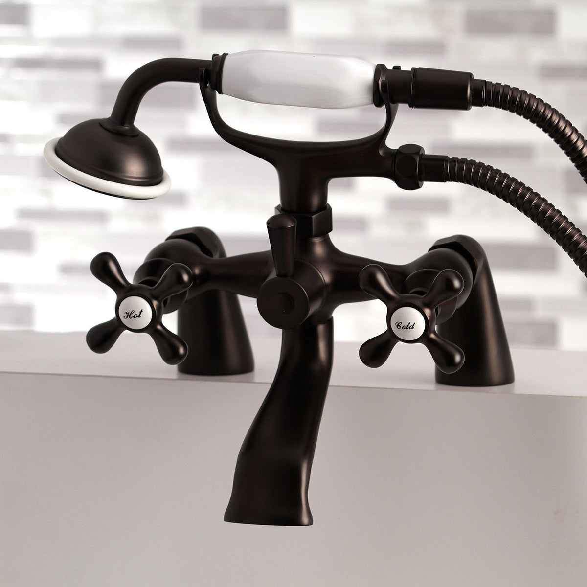 Kingston 6" Center Deck-Mount Clawfoot Tub Faucet with Hand Shower in Oil Rubbed Bronze