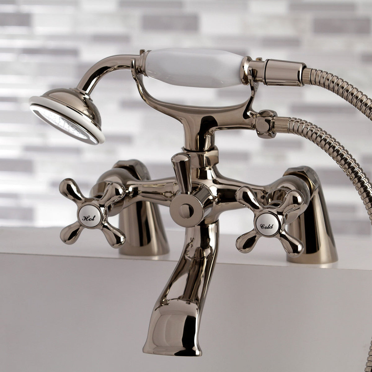 Kingston 6" Center Deck-Mount Clawfoot Tub Faucet with Hand Shower in Polished Nickel