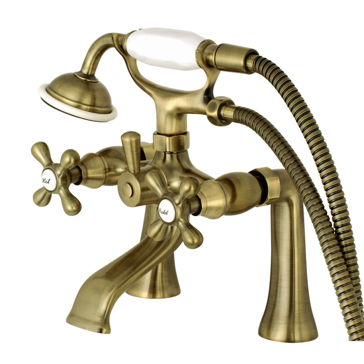 Kingston 7" Center Deck-Mount Clawfoot Tub Faucet with Hand Shower in Antique Brass