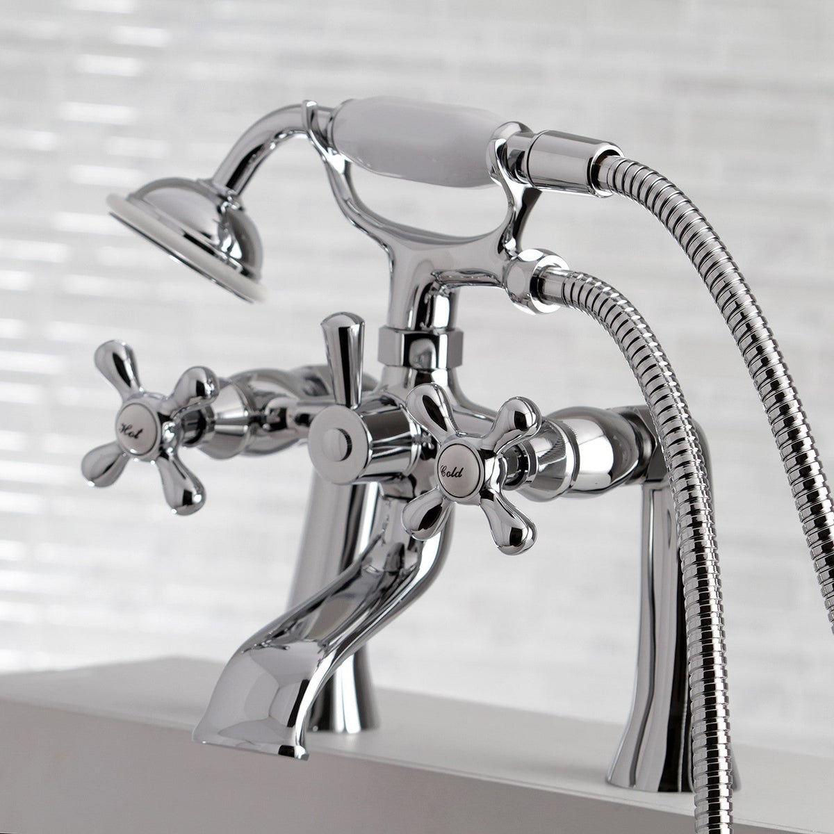 Kingston 7" Center Deck-Mount Clawfoot Tub Faucet with Hand Shower in Polished Chrome