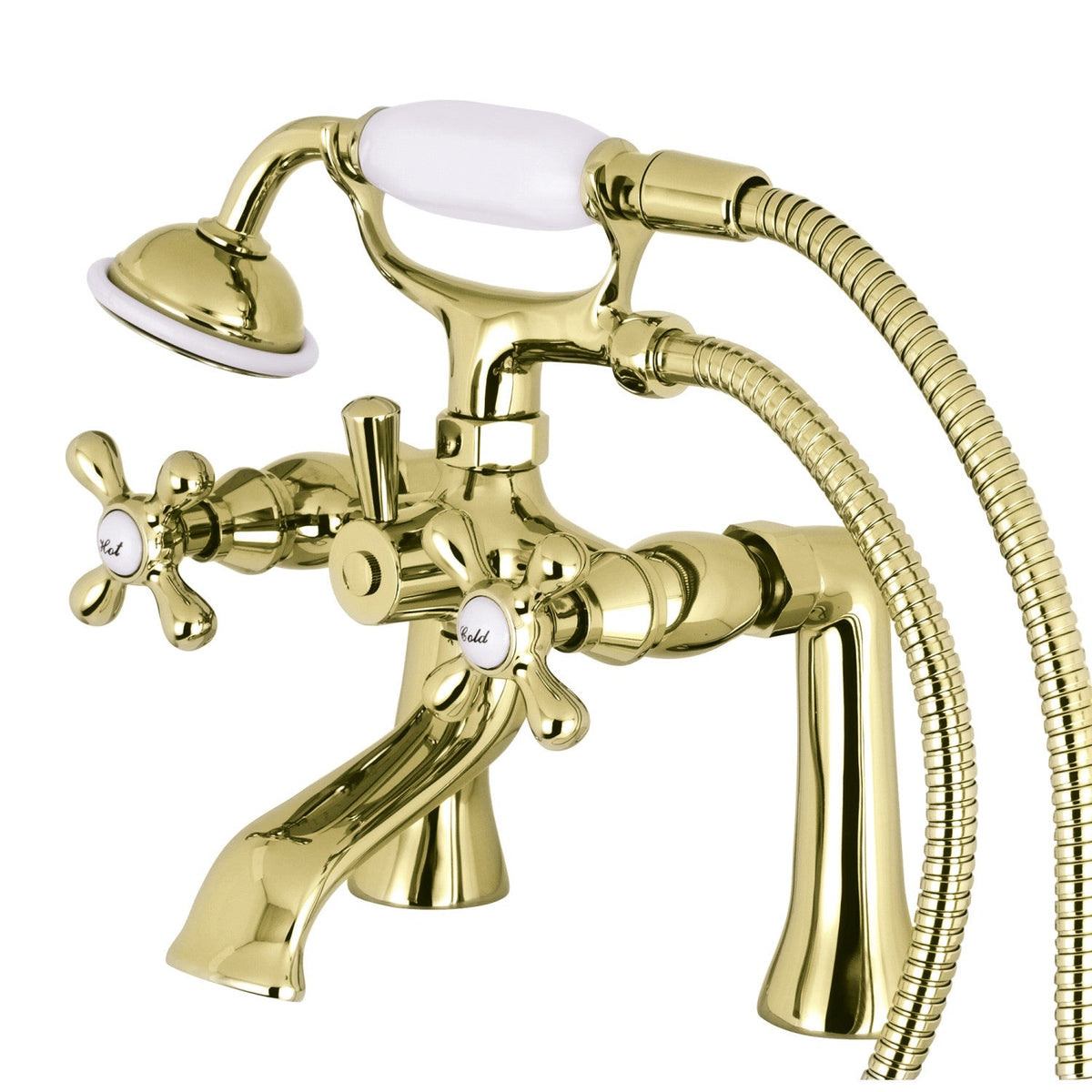 Kingston 7" Center Deck-Mount Clawfoot Tub Faucet with Hand Shower in Polished Brass