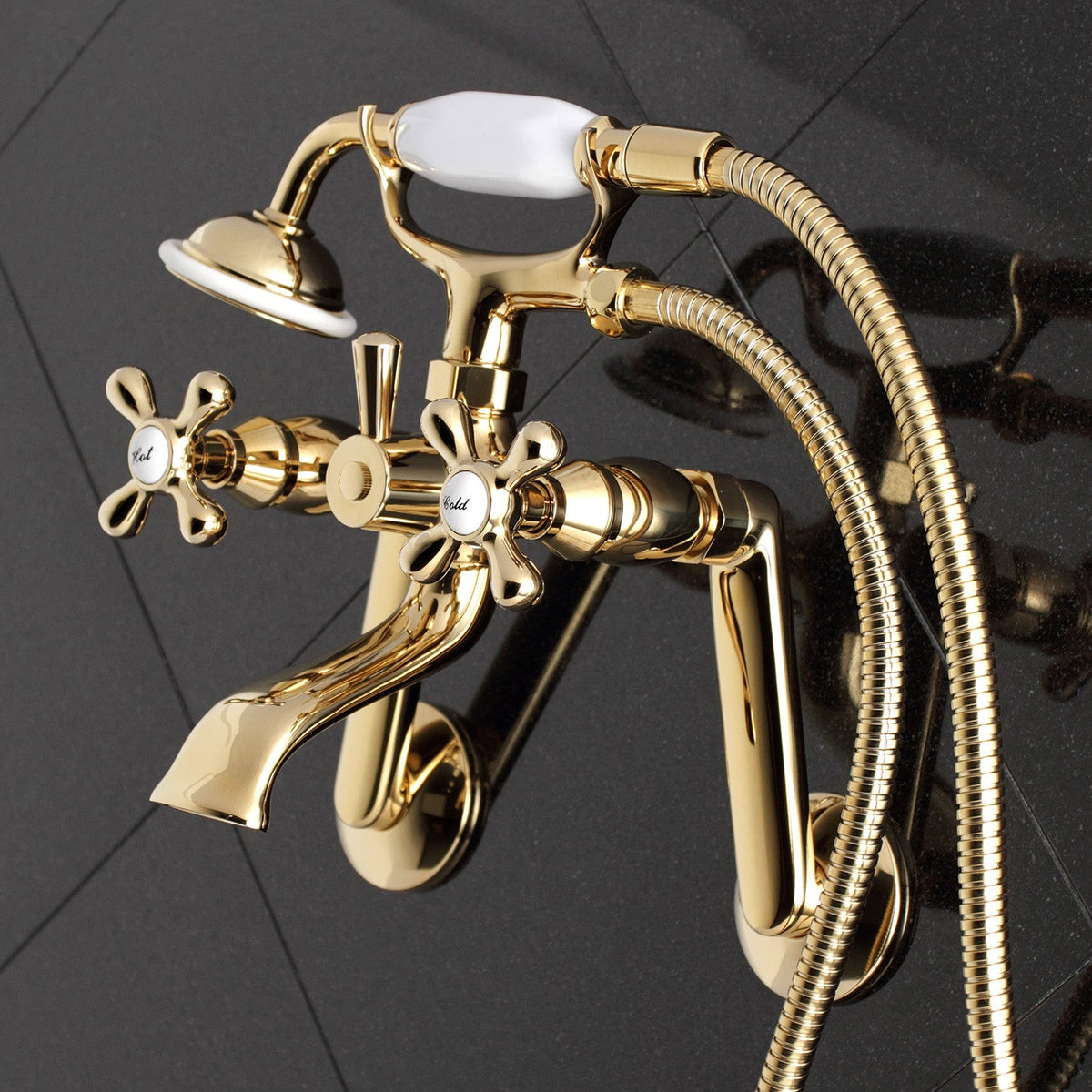 Kingston Tub Wall Mount Clawfoot Tub Faucet with Hand Shower in Polished Brass
