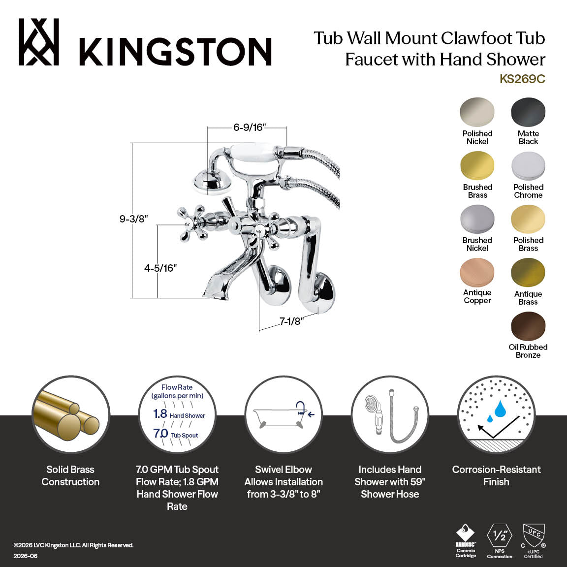 Kingston Tub Wall Mount Clawfoot Tub Faucet with Hand Shower in Polished Nickel