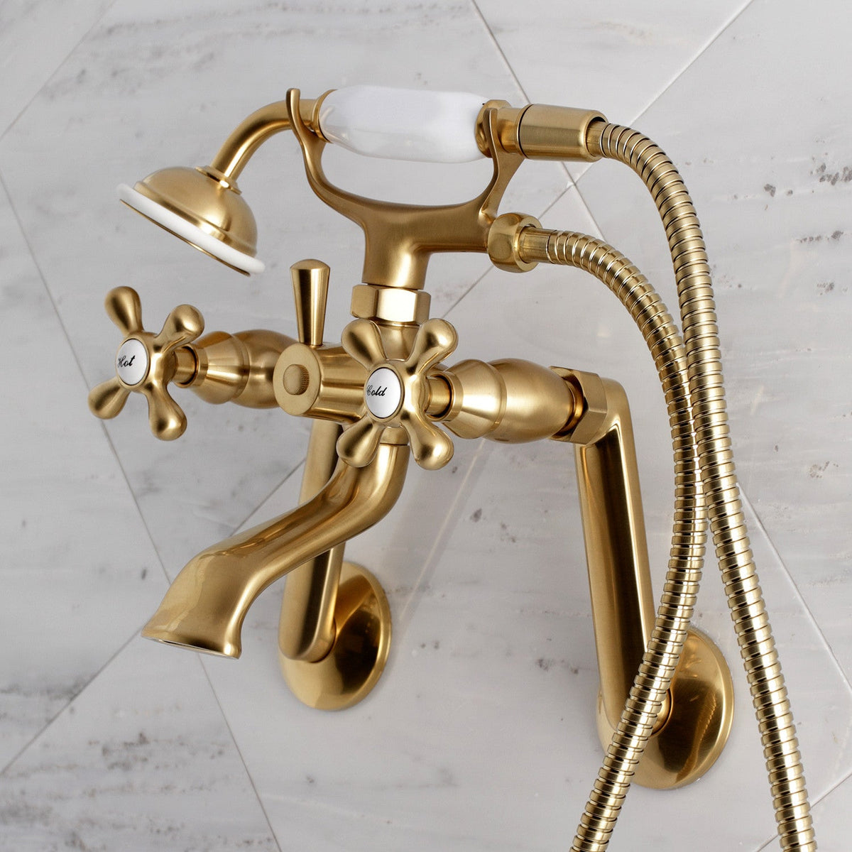 Kingston Tub Wall Mount Clawfoot Tub Faucet with Hand Shower in Brushed Brass