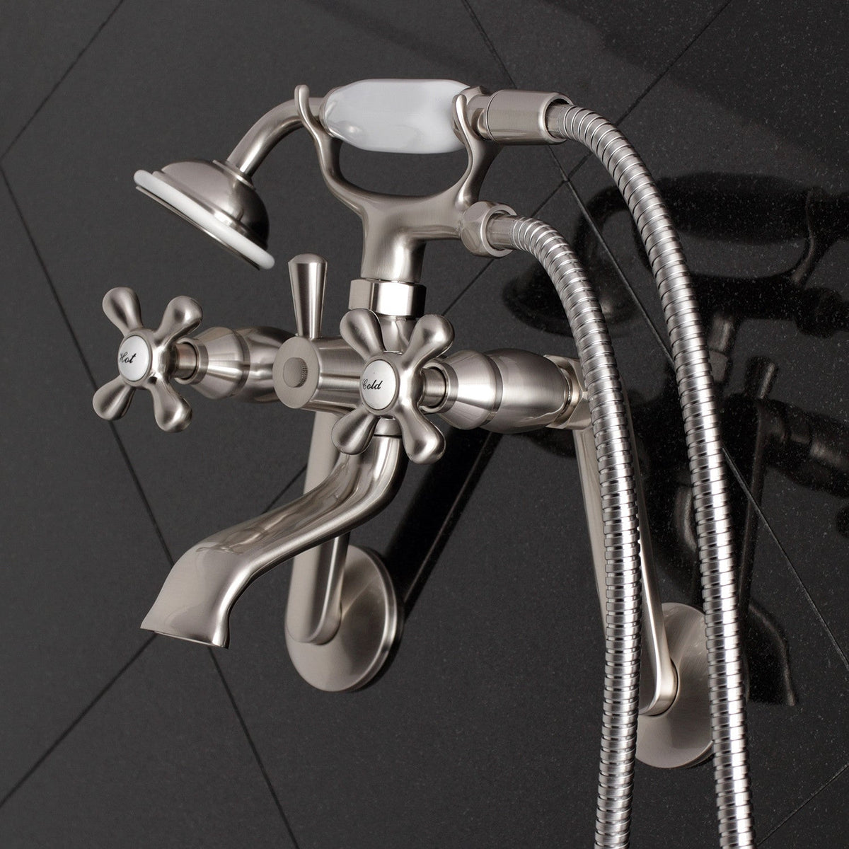 Kingston Tub Wall Mount Clawfoot Tub Faucet with Hand Shower in Brushed Nickel