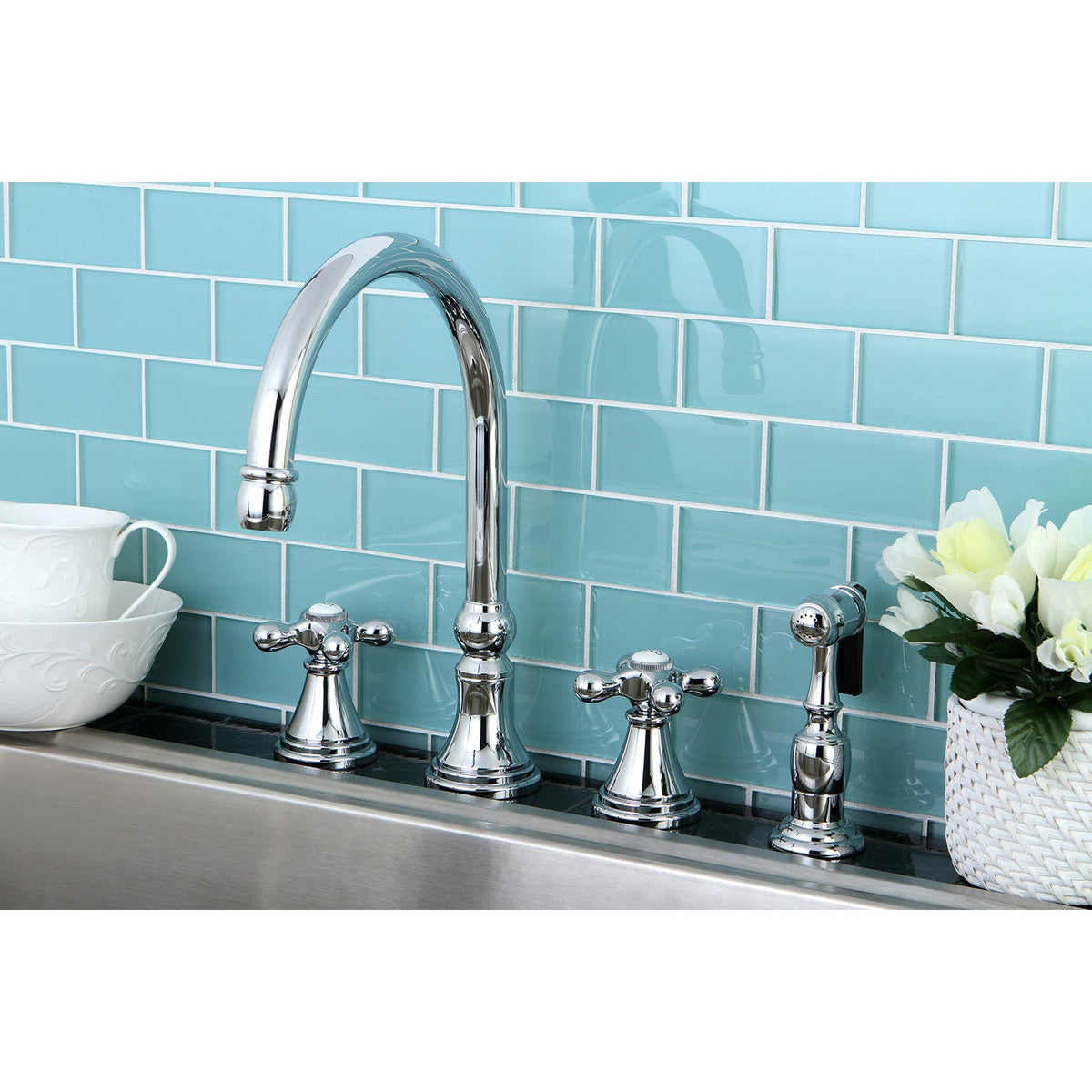 Governor Double-Handle Widespread Kitchen Faucet with Brass Sprayer in Polished Chrome