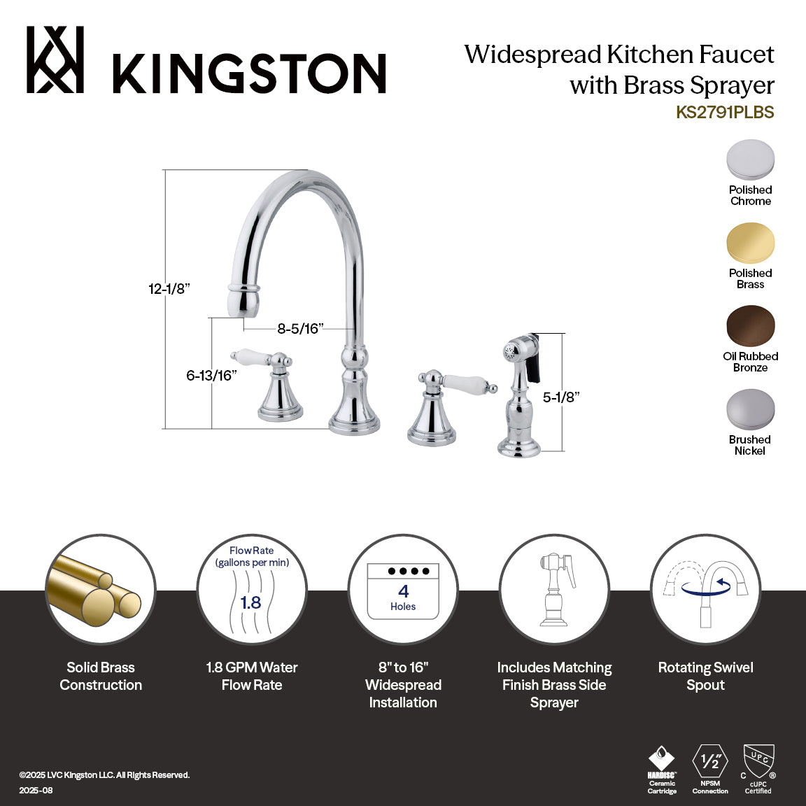 Governor Double-Handle Widespread Kitchen Faucet with Brass Sprayer in Polished Chrome