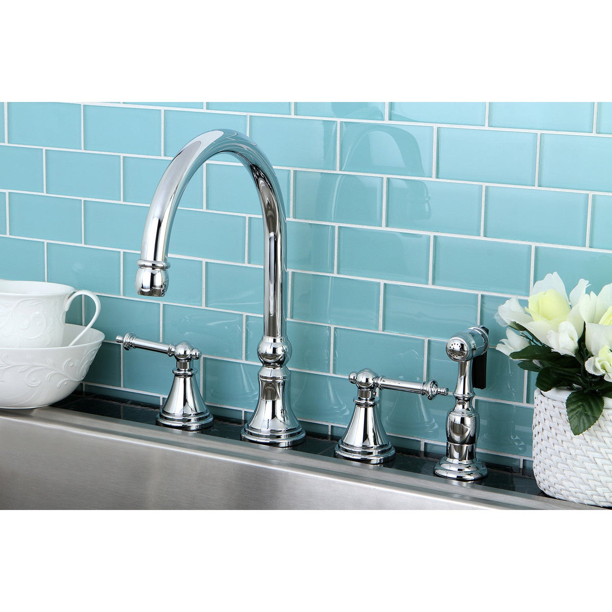 Templeton Double-Handle Widespread Kitchen Faucet with Brass Sprayer in Polished Chrome