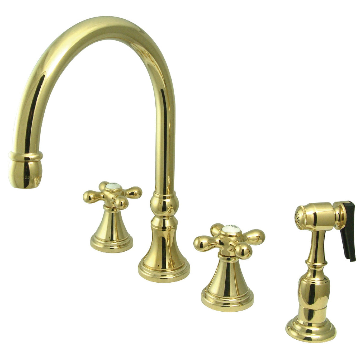 Governor Double-Handle Widespread Kitchen Faucet with Brass Sprayer in Polished Brass