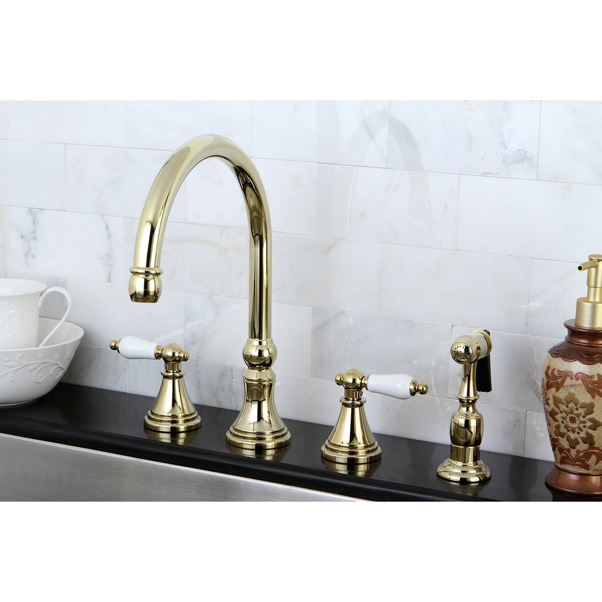 Governor Double-Handle Widespread Kitchen Faucet with Brass Sprayer in Polished Brass
