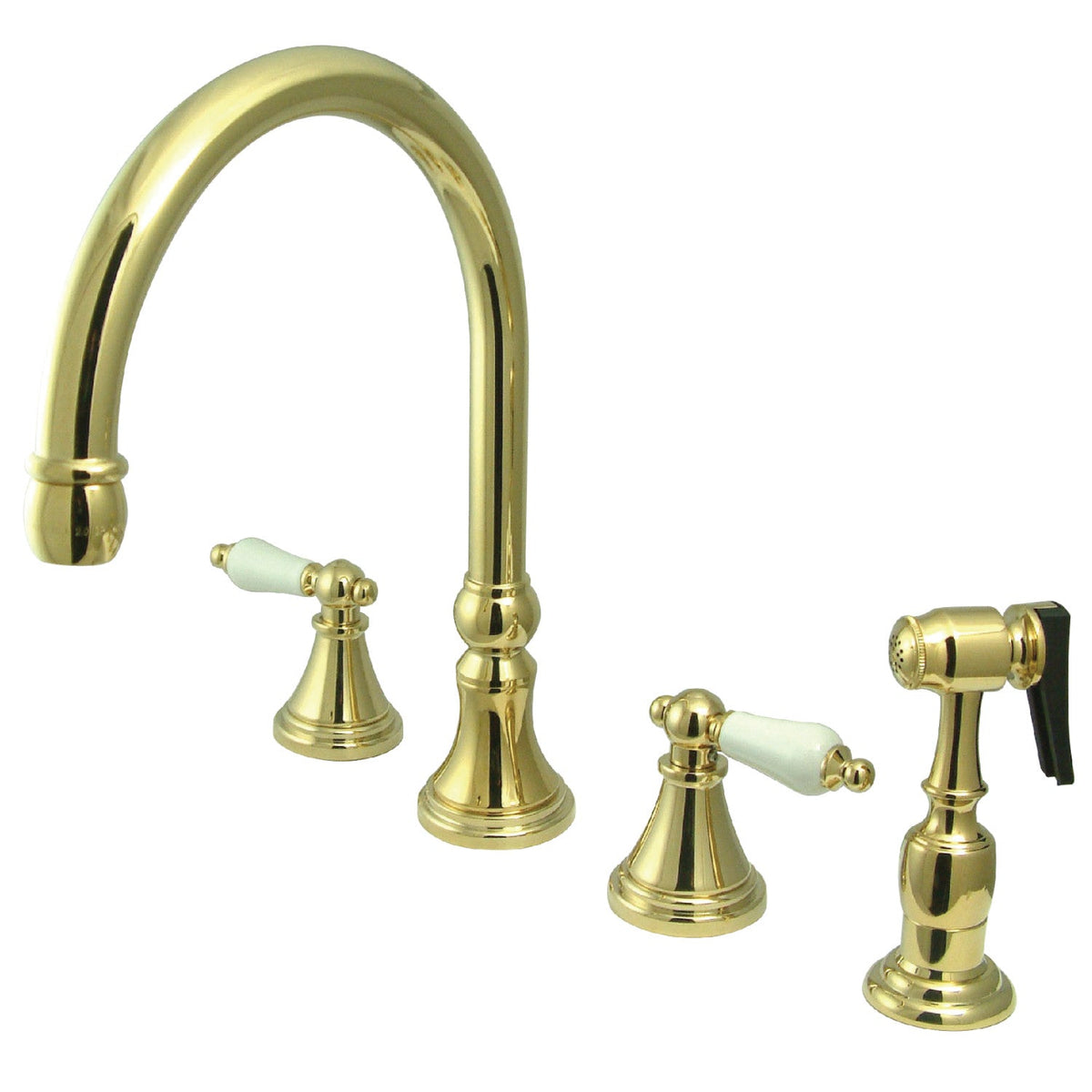 Governor Double-Handle Widespread Kitchen Faucet with Brass Sprayer in Polished Brass