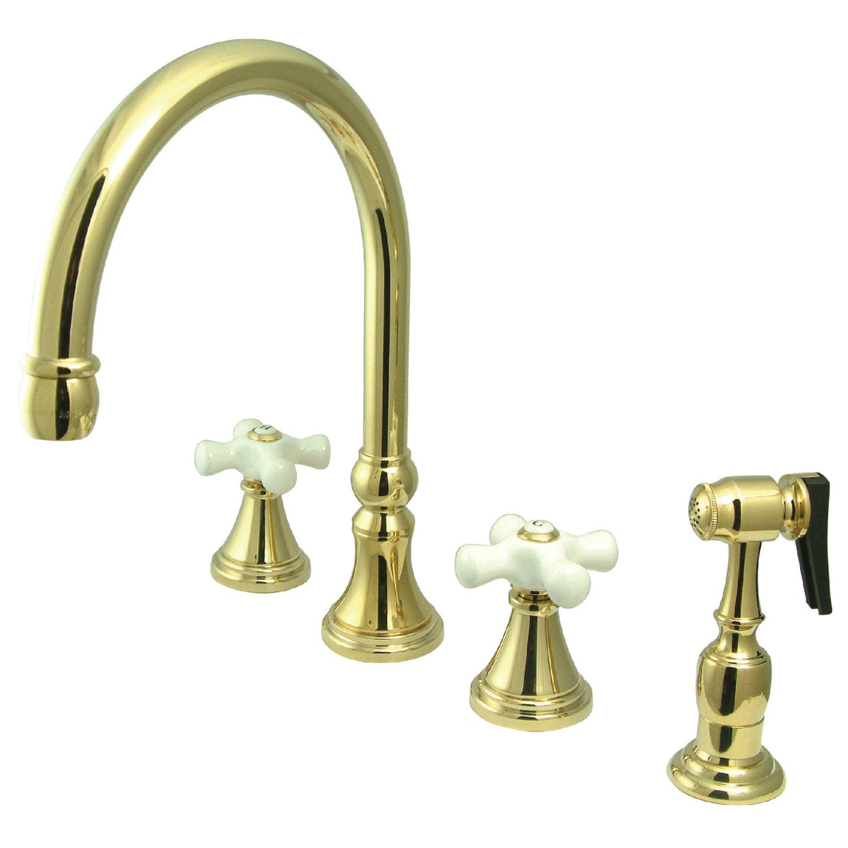 Governor Double-Handle Widespread Kitchen Faucet with Brass Sprayer in Polished Brass