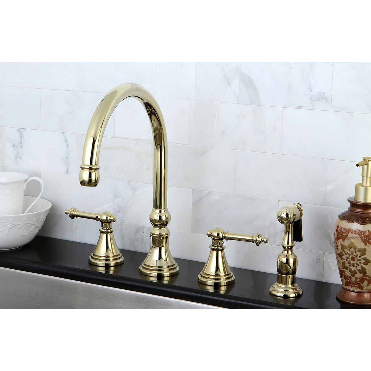 Templeton Double-Handle Widespread Kitchen Faucet with Brass Sprayer in Polished Brass