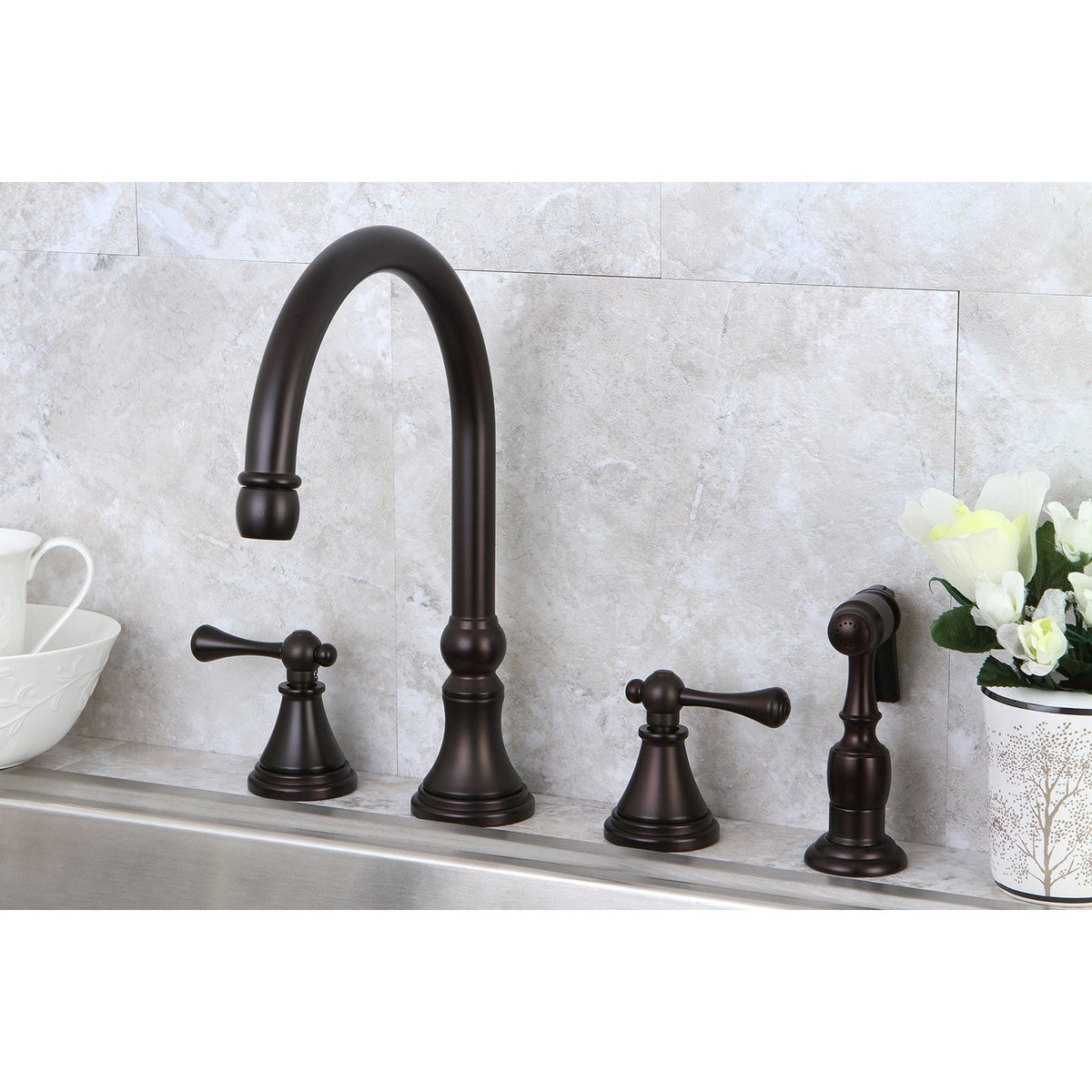 Governor Double-Handle Widespread Kitchen Faucet with Brass Sprayer in Oil Rubbed Bronze